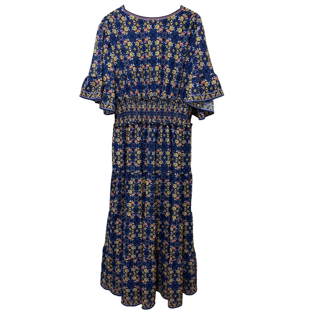 Max Studio London 1X Blue Floral Smocked Maxi Flutter Sleeve Cottagecore Boho - Picture 7 of 9